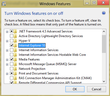 Windows Features, Select Internet Explorer 10